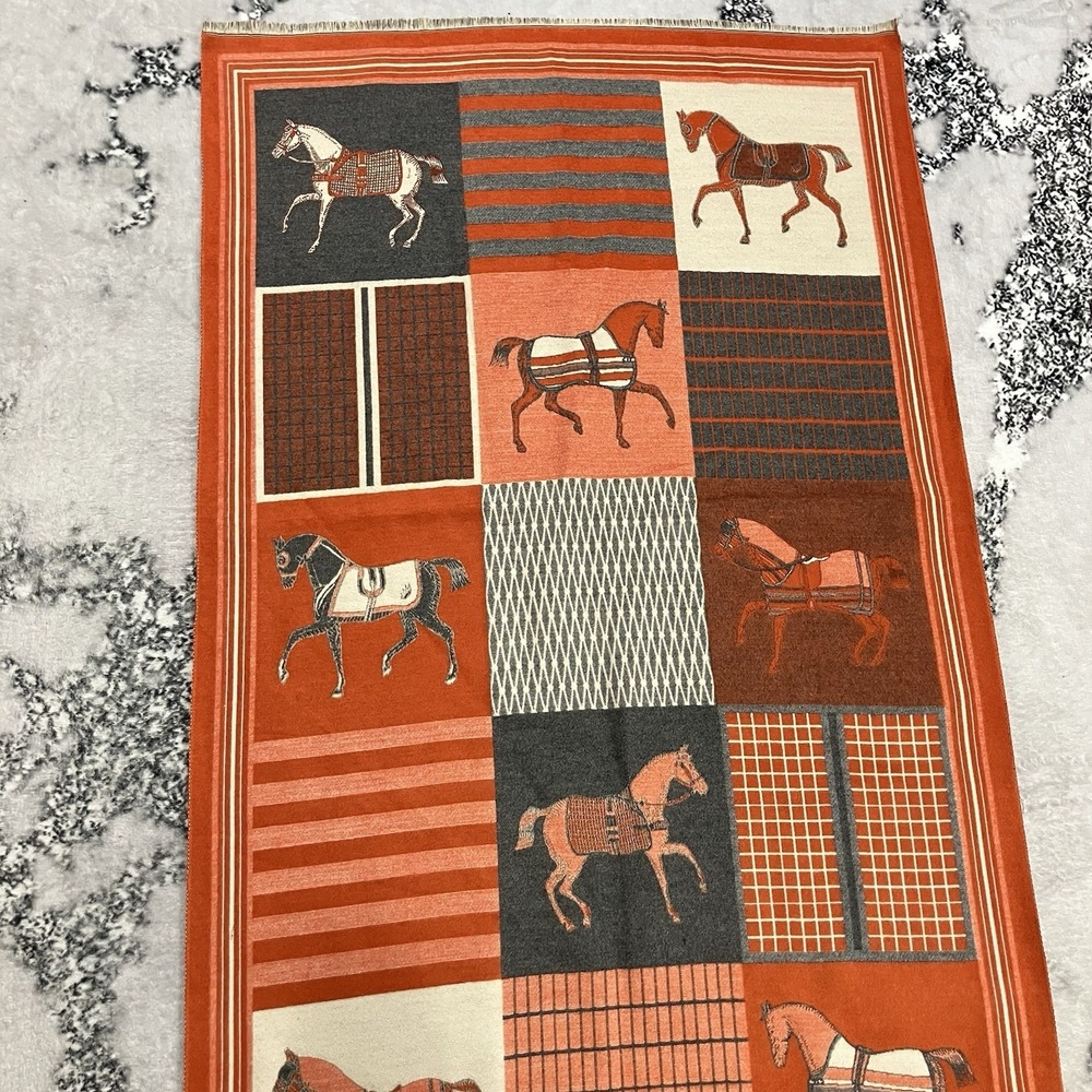Equestrian Horse Print‎ Scarf Orange Gray Square Scarf Lightweight Wrap - Picture 4 of 9